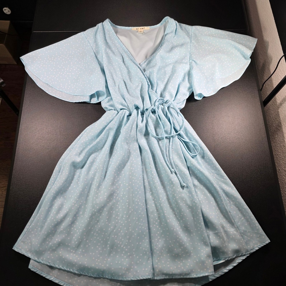 Miami Light Blue Polka Dot Flutter Sleeve V-Neck Mini Dress Small